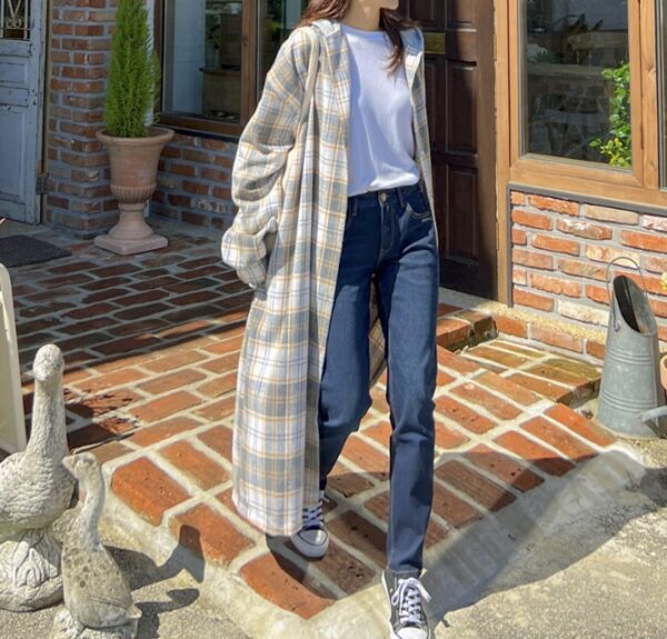 Ounes plaid hooded long coat